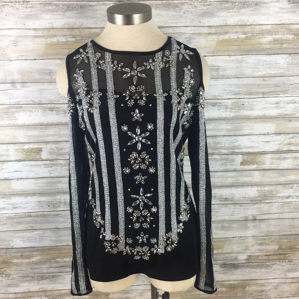 K Jordan Sweater Womens Black Sequined Cold Shoulder Knit Mesh Party Size S